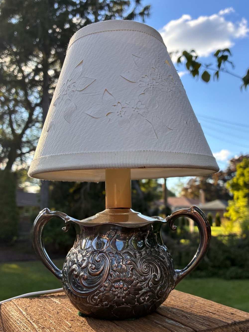 Quadruple Silver Plate Floral Embossed Tea Pot Table Lamp & Shade